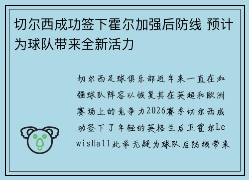 切尔西成功签下霍尔加强后防线 预计为球队带来全新活力